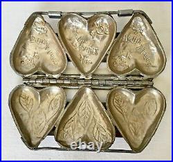Lovely Antique 3 Heart Inscribed Valentine Hinged Metal Chocolate Candy Mold