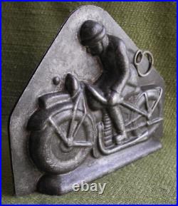 OLD ANTIQUE VINTAGE METAL CHOCOLATE MOLD SHAPE MAN ON MOTERCYCLE Harley davidson