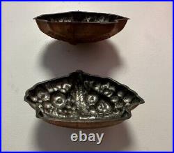 Pr antique heavy tin-lined copper baking molds in a fruit basket motif UK 19thc