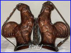 RARE Antique 2pc COPPER Chocolate Candy Ice Cream Mold ROOSTER HINGED 8.5x6x3