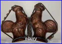 RARE Antique 2pc COPPER Chocolate Candy Ice Cream Mold ROOSTER HINGED 8.5x6x3