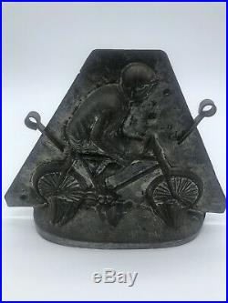 RARE-Antique Large Sommet French Chocolate Mold Boy with Bicycle in Metal