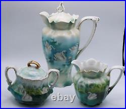 RS PRUSSIA CHOCOLATE POT CREAMER & SUGAR SWANS PATTERN MOLD 508 c1900