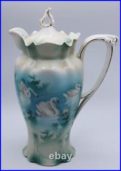 RS PRUSSIA CHOCOLATE POT CREAMER & SUGAR SWANS PATTERN MOLD 508 c1900