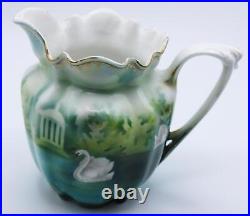 RS PRUSSIA CHOCOLATE POT CREAMER & SUGAR SWANS PATTERN MOLD 508 c1900