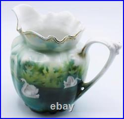 RS PRUSSIA CHOCOLATE POT CREAMER & SUGAR SWANS PATTERN MOLD 508 c1900