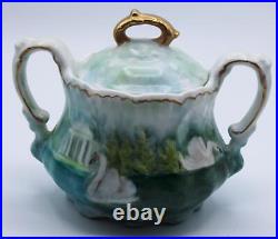 RS PRUSSIA CHOCOLATE POT CREAMER & SUGAR SWANS PATTERN MOLD 508 c1900