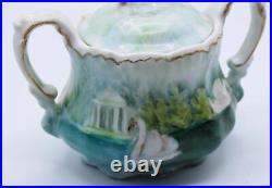 RS PRUSSIA CHOCOLATE POT CREAMER & SUGAR SWANS PATTERN MOLD 508 c1900