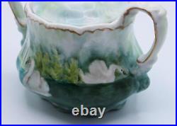 RS PRUSSIA CHOCOLATE POT CREAMER & SUGAR SWANS PATTERN MOLD 508 c1900