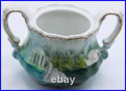 RS PRUSSIA CHOCOLATE POT CREAMER & SUGAR SWANS PATTERN MOLD 508 c1900