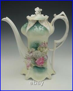 RS PRUSSIA PORCELAIN MOLD 643 FLORAL CHOCOLATE POT ANTIQUE c. 1900 MARKED