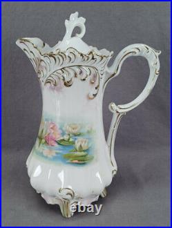 RS Prussia Plume Mold Water Lily Pattern & Gold Chocolate Pot C. 1904-1910