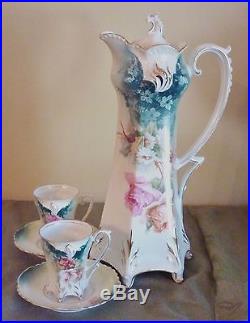 RSP Prussia Chocolate Set Pot Cups Mold 642 Pink Roses Antique Art Nouveau China