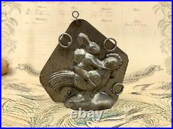 Rare Antique Chocolate Mold Rabbit with Basket Riding Rooster