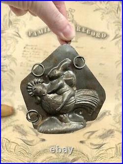 Rare Antique Chocolate Mold Rabbit with Basket Riding Rooster