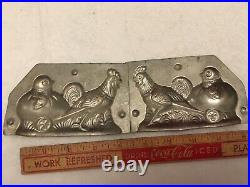 Rare Antique Primitive Metal Tin Rooster pulling Chic In Egg Chocolate Mold