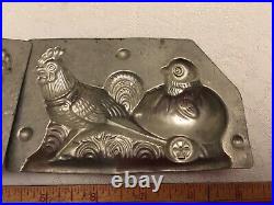 Rare Antique Primitive Metal Tin Rooster pulling Chic In Egg Chocolate Mold