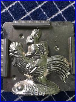 Rare Vintage Bunny Riding Rooster Metal Chocolate Mold USA Antique 1930s -40s