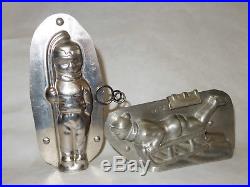 TWO Antique Vintage Chocolate Metal Candy Mold Boys Sledding & Skiing LETANG Lot