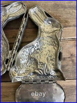 VTG Antique Hinged Metal Easter Bunny Rabbit Basket Chocolate Candy Mold Clover