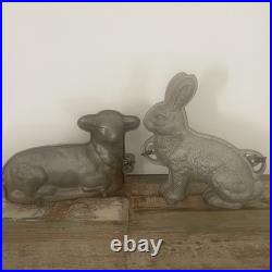 Vintage Heavy Cast Aluminum Bunny Rabbit & Lamb Cake Chocolate Mold Pans 2 Pc