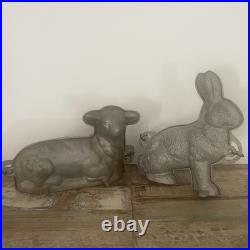 Vintage Heavy Cast Aluminum Bunny Rabbit & Lamb Cake Chocolate Mold Pans 2 Pc