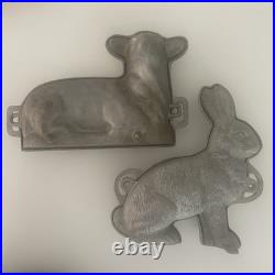 Vintage Heavy Cast Aluminum Bunny Rabbit & Lamb Cake Chocolate Mold Pans 2 Pc