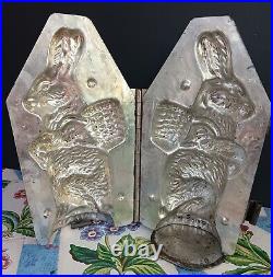 Vintage Large Rabbit Chocolate Mold Basket On Back, 3 Piece, Hinged, C1935 9.5