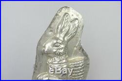 Vintage easter bunny with basket chocolate tin mold, german antique 10in