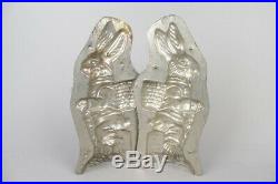 Vintage easter bunny with basket chocolate tin mold, german antique 10in